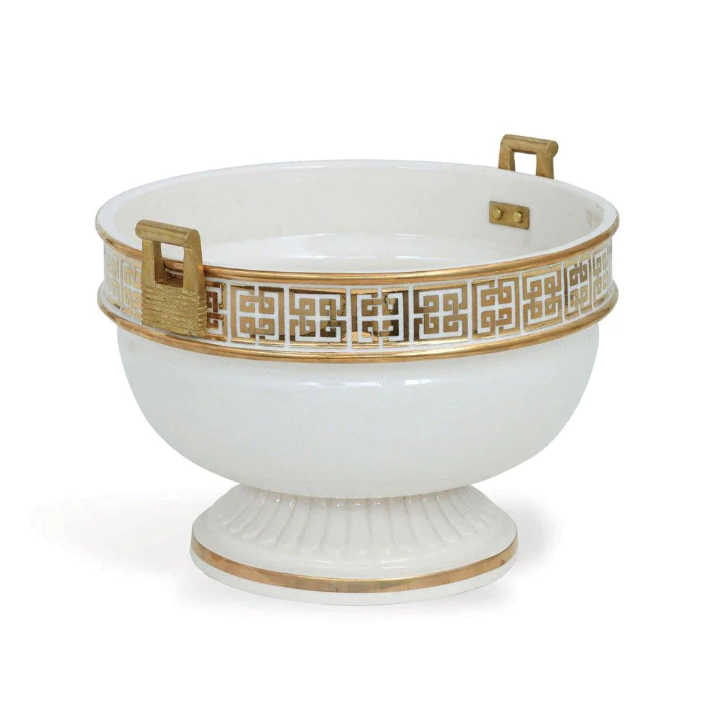 Porcelain Footed Bowl with Brass Handles and Reflective Gold Key Pattern - Decorative Bowls - The Well Appointed House