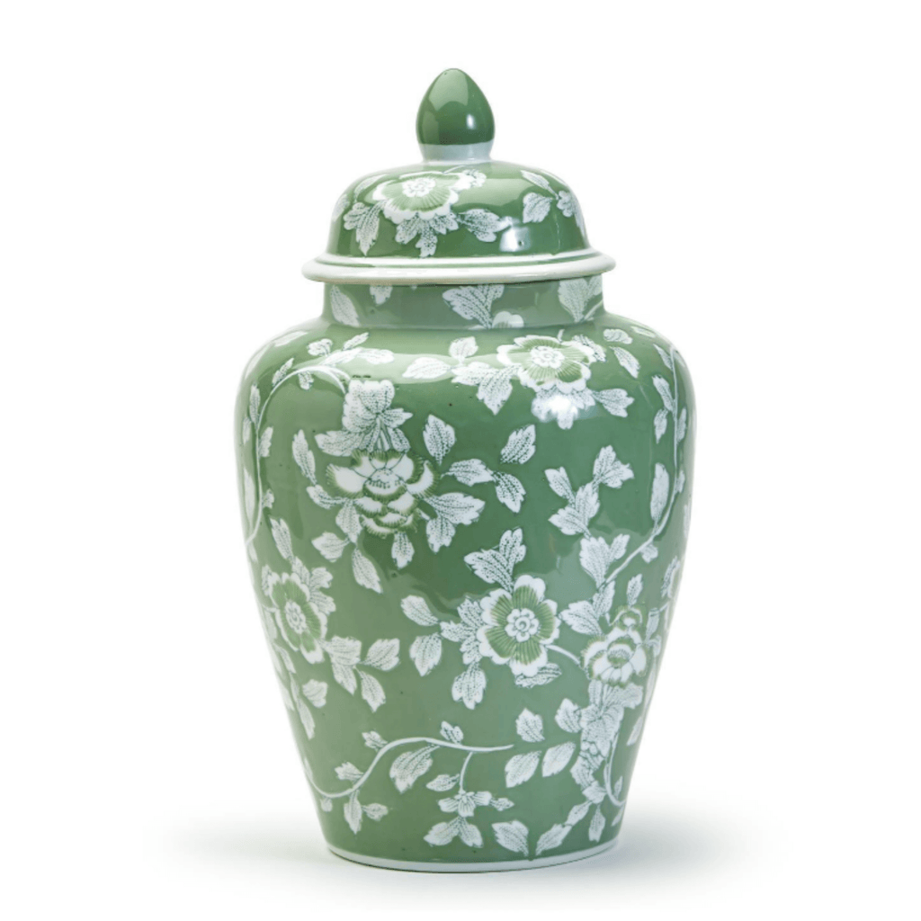 Porcelain Green & White Floral Countryside Hand-Painted Ginger Jar - Vases & Jars - The Well Appointed House