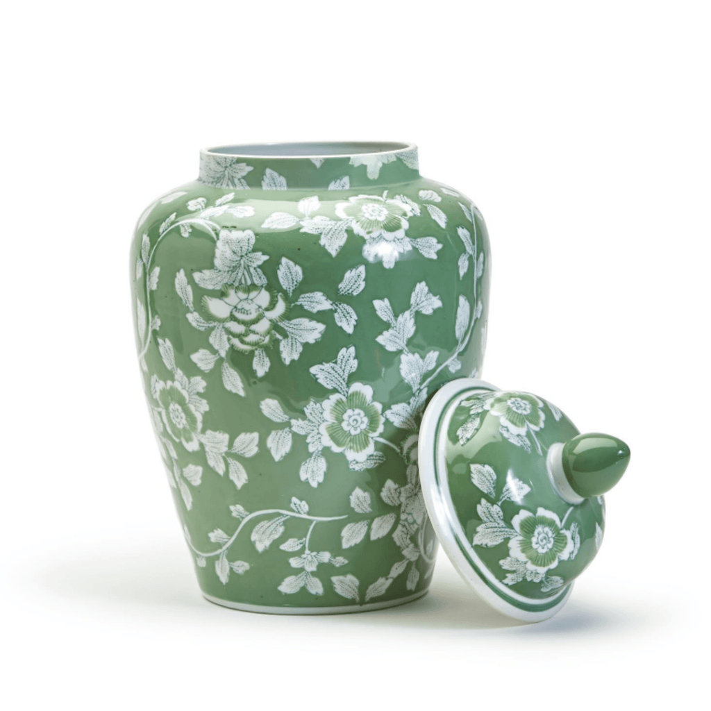 Porcelain Green & White Floral Countryside Hand-Painted Ginger Jar - Vases & Jars - The Well Appointed House