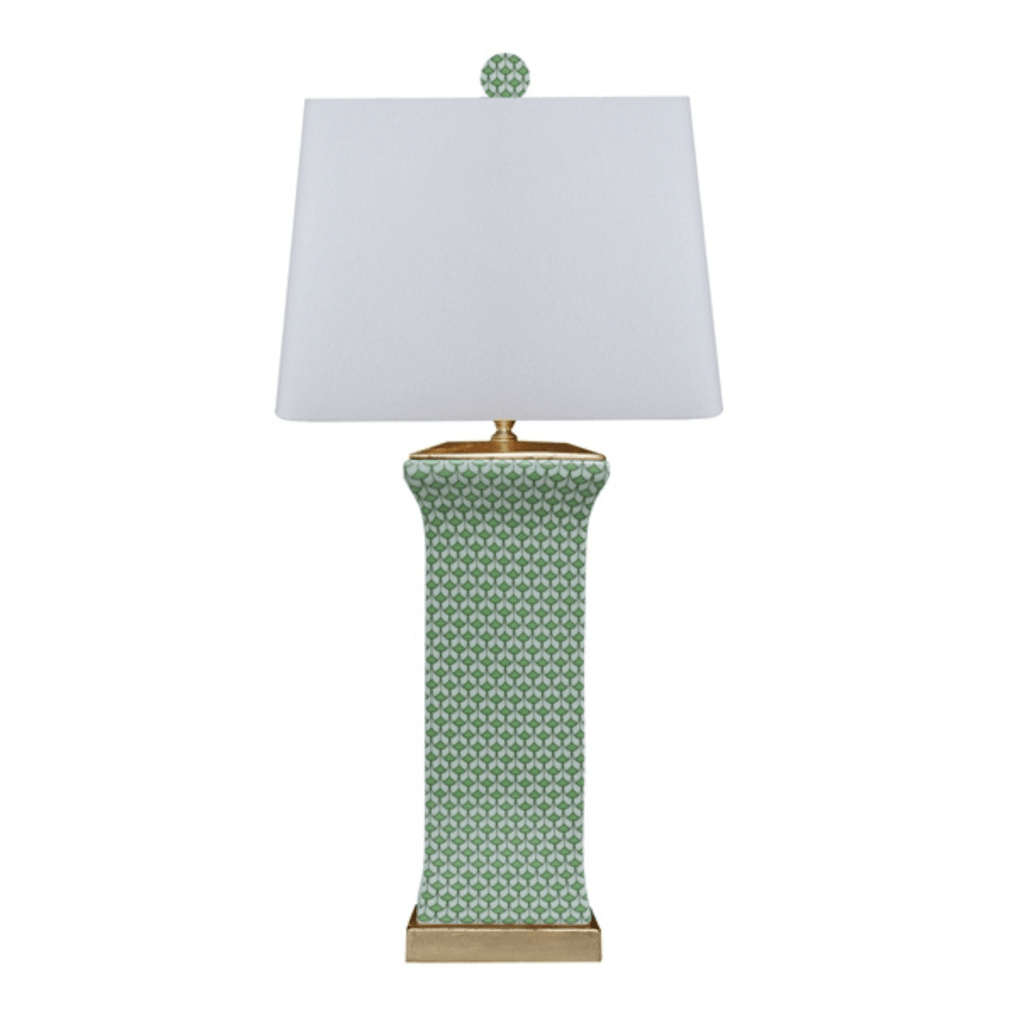 Porcelain Green Fish Scale Flat Vase Lamp With Gold Leaf Base - Table Lamps - The Well Appointed House