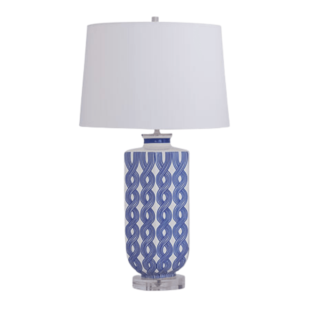 Porcelain Hexagon Lamp With Blue & Cream Woven Design & Drum Shade - Table Lamps - The Well Appointed House