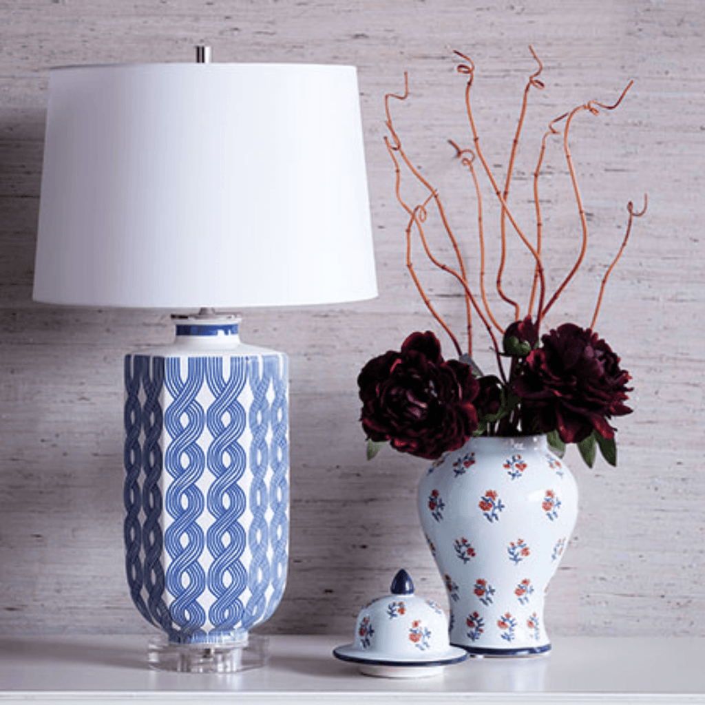 Porcelain Hexagon Lamp With Blue & Cream Woven Design & Drum Shade - Table Lamps - The Well Appointed House