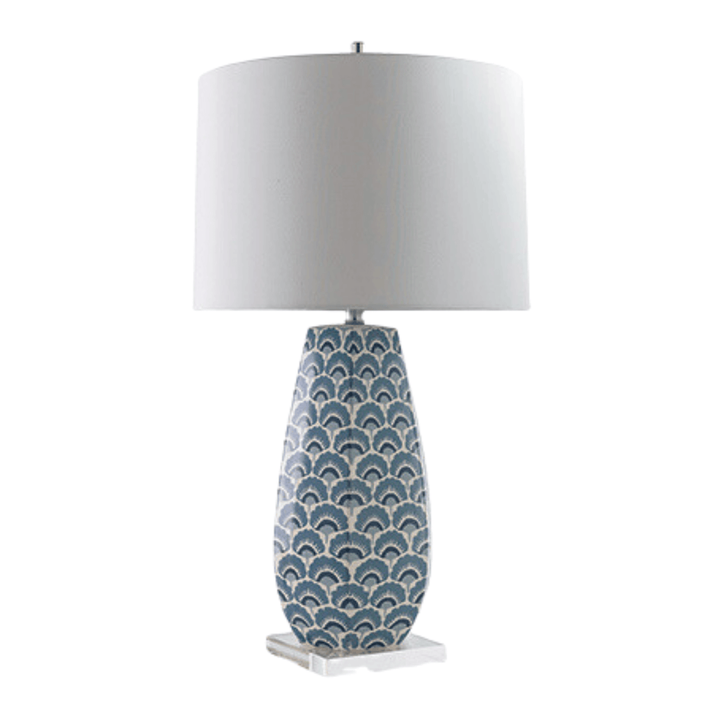 Porcelain Hexagon Lamp With Blue Fan Motif & Drum Shade - Table Lamps - The Well Appointed House