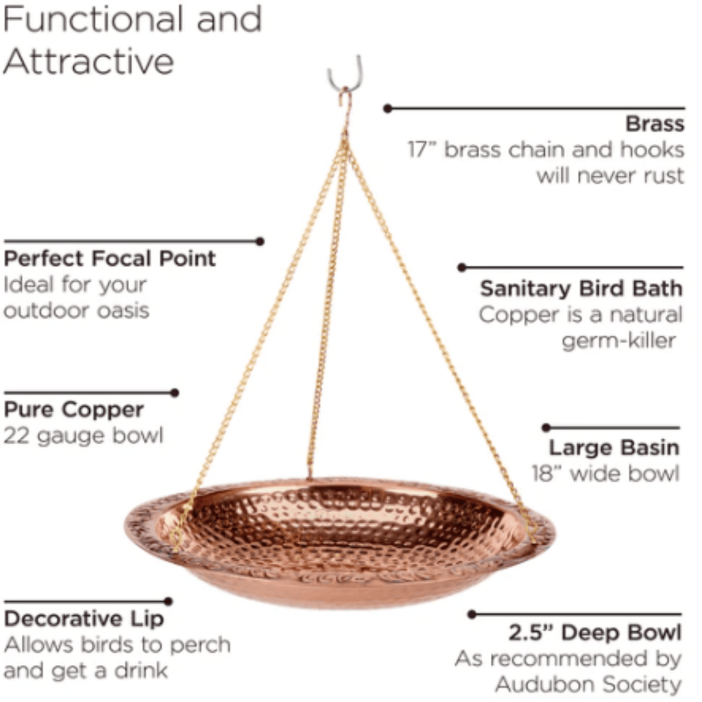 Pure Copper 18" Hanging Bird Bath - Birdhouses - The Well Appointed House