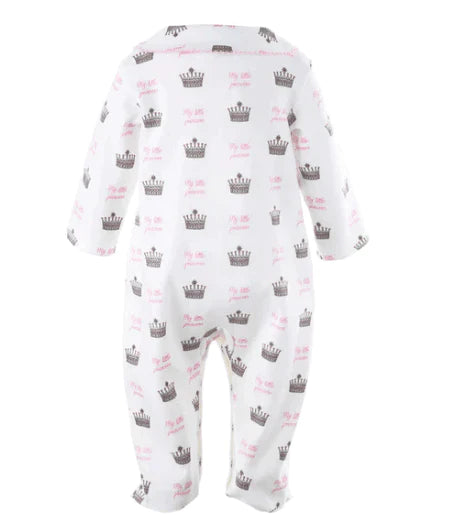 Rachel Riley Pink & Grey Princess Crown Print One Piece Sleep & Play Babygro- Available in Infant Sizes - Baby Girl Clothing - The Well Appointed House