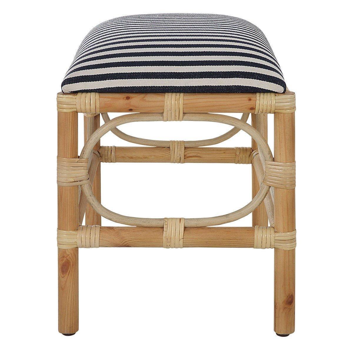 Small Rounded Ratan Bench Rattan Wrapped Small Wooden Bench With Navy & White Striped Upholstere ...