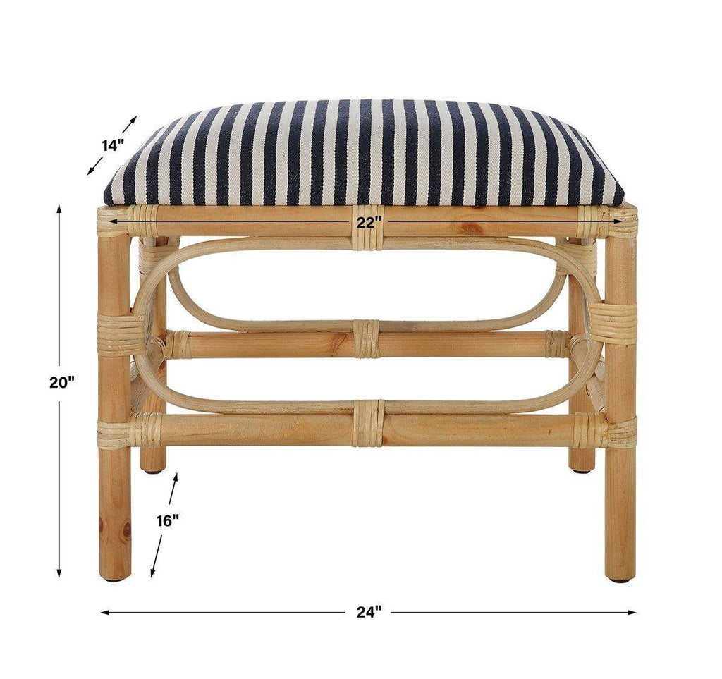 Small Rounded Ratan Bench Rattan Wrapped Small Wooden Bench With Navy & White Striped Upholstere ...