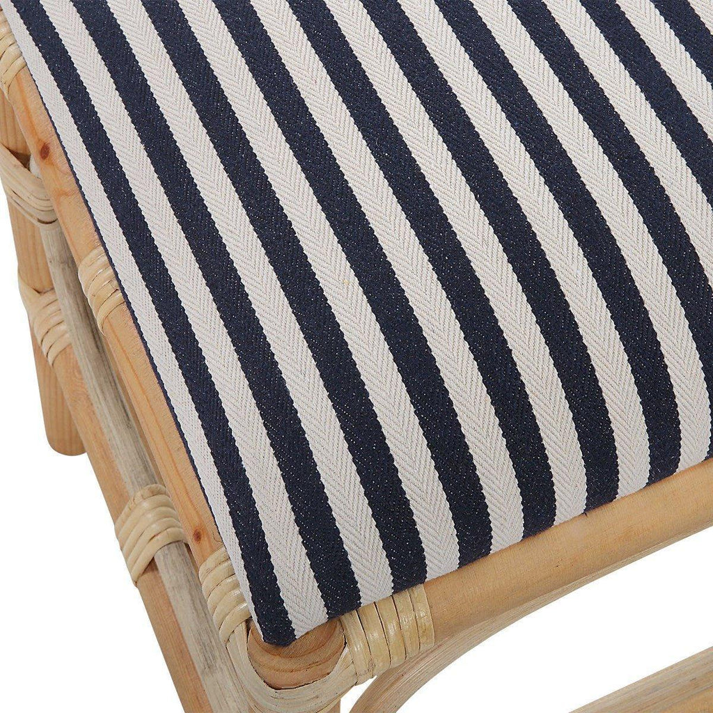 Rattan Wrapped Small Wooden Bench With Navy & White Striped Upholstered Seat - Ottomans, Benches & Stools - The Well Appointed House