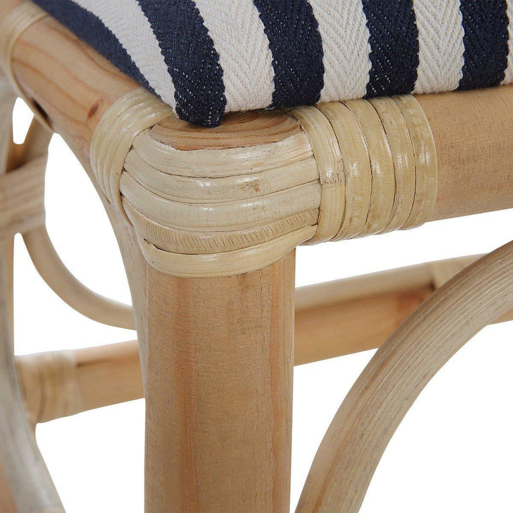 Rattan Wrapped Small Wooden Bench With Navy & White Striped Upholstered Seat - Ottomans, Benches & Stools - The Well Appointed House