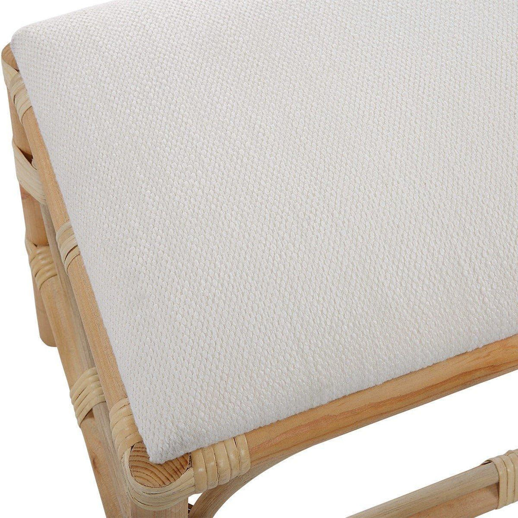 Rattan Wrapped Small Wooden Bench With White Textured Upholstered Seat - Ottomans, Benches & Stools - The Well Appointed House