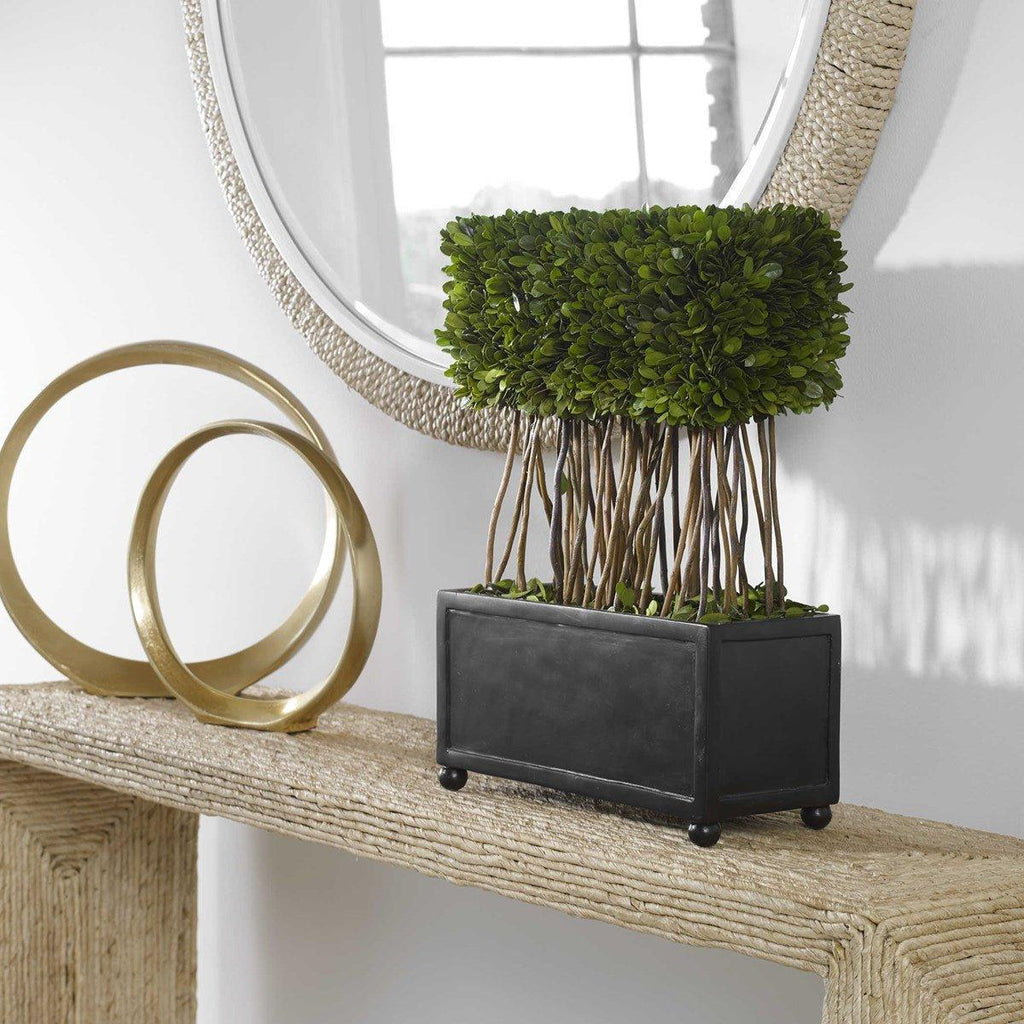 Rectangular Faux Boxwood Topiary in Black Ball Footed Planter - Florals & Greenery - The Well Appointed House