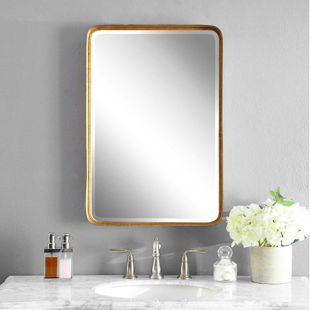 Rectangular Vanity Mirror with Curved Edges and Gold Leafed Frame - Wall Mirrors - The Well Appointed House
