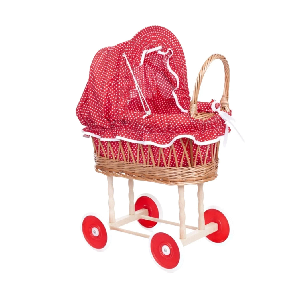 Red and White Polka Dot Wicker Doll Pram - Little Loves Walkers Wagons & Push Toys - The Well Appointed House