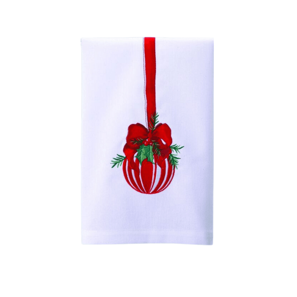 Red Ball Ornament Embroidered Kitchen Towel - Christmas Hand Towels - The Well Appointed House