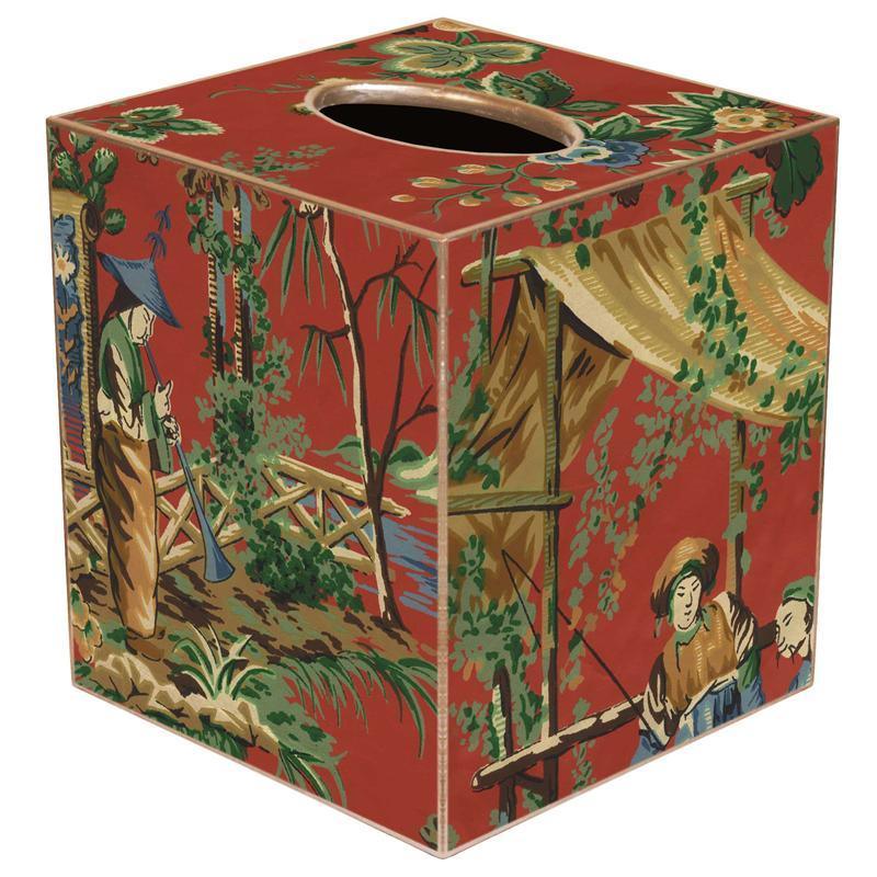 Red Chinoiserie Decoupage Wastebasket and Optional Tissue Box Cover - Wastbaskets Sets - The Well Appointed House