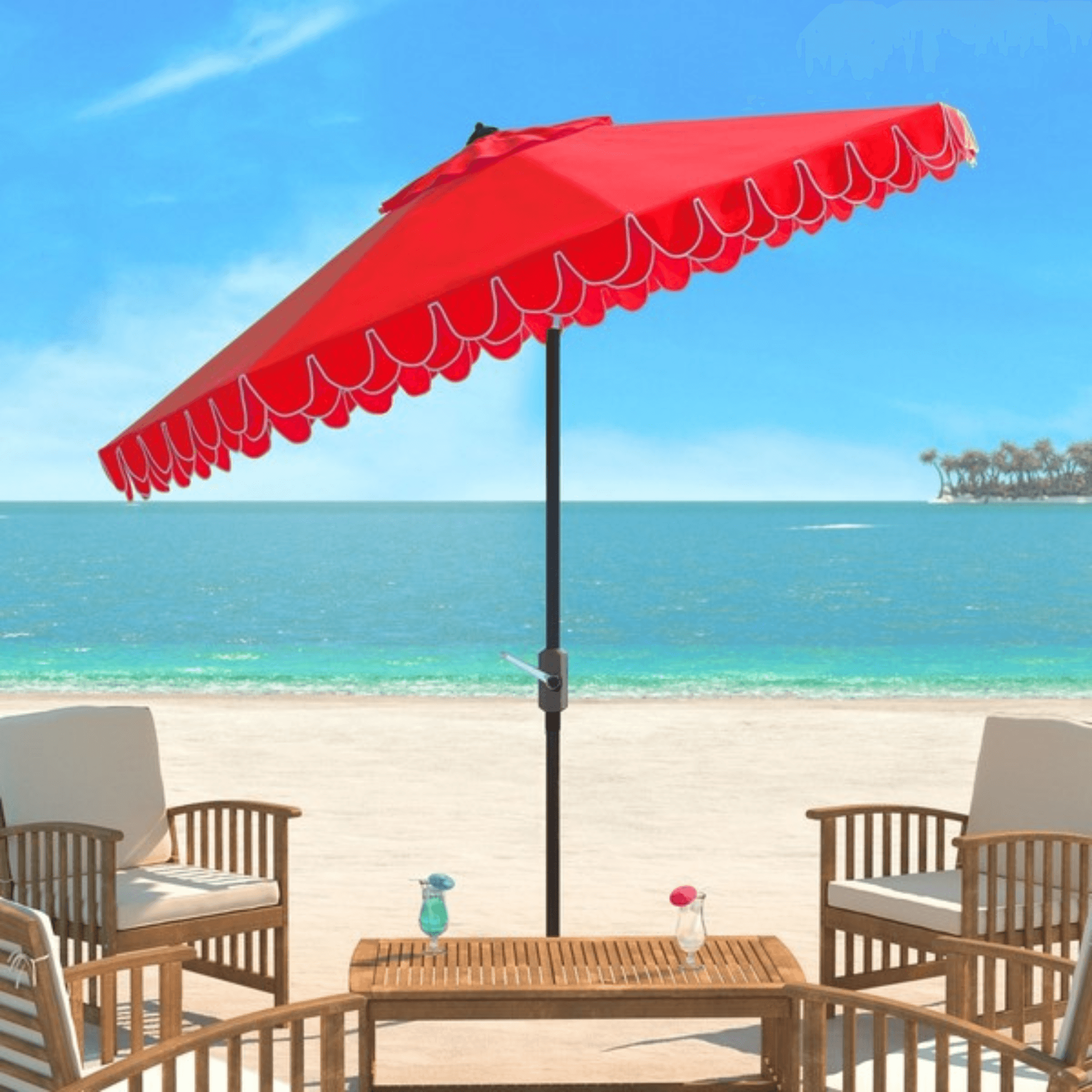 double scalloped patio umbrella Safavieh 9 ft. Elegant Valance Auto Tilt Umbrella Red & White