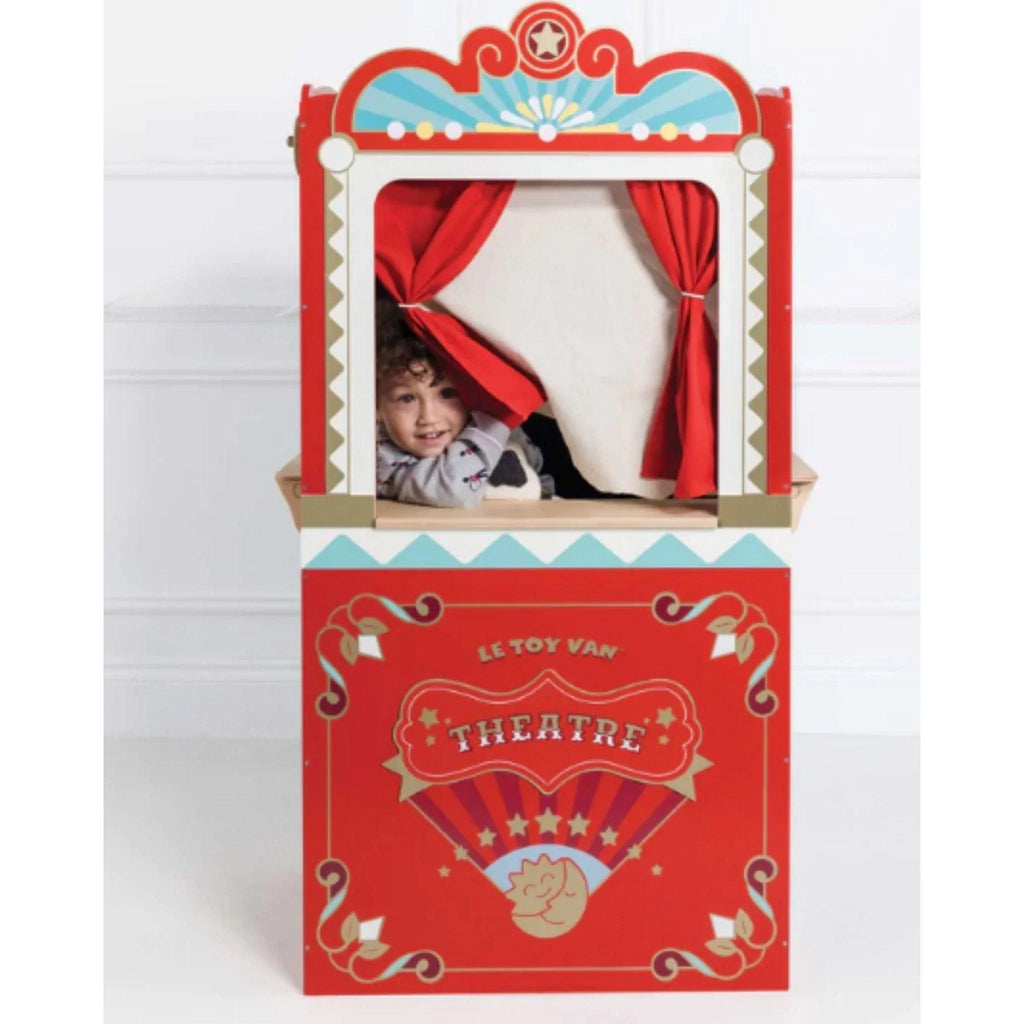 Red Wooden Showtime Puppet Theater For Kids - Little Loves Pretend Play - The Well Appointed House