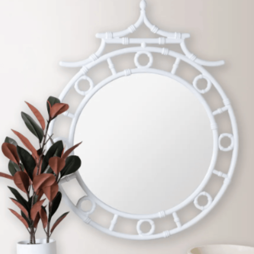Reena Glossy White Round Bamboo Inspired Wall Mirror - Wall Mirrors - The Well Appointed House