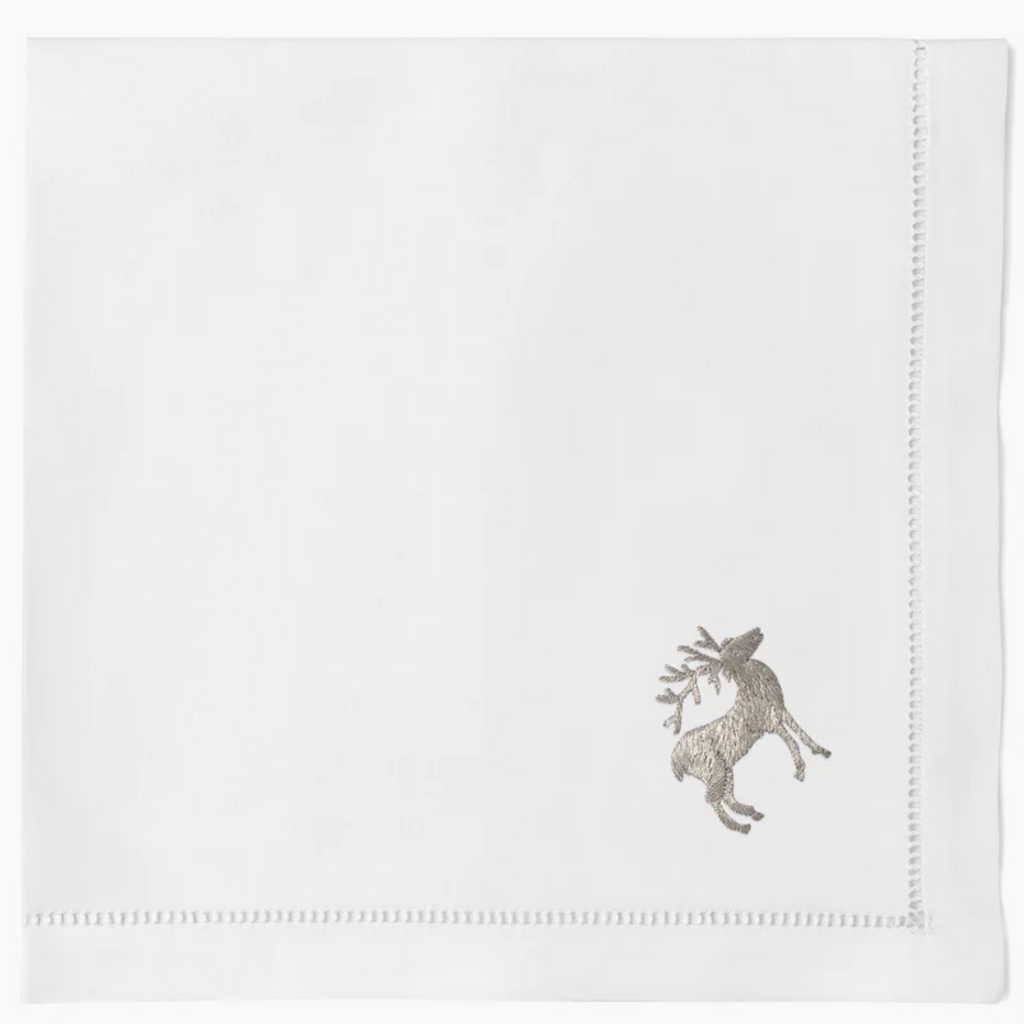 Set of 4 White Cotton Silver Reindeer Dinner Napkins - The Well Appointed House
