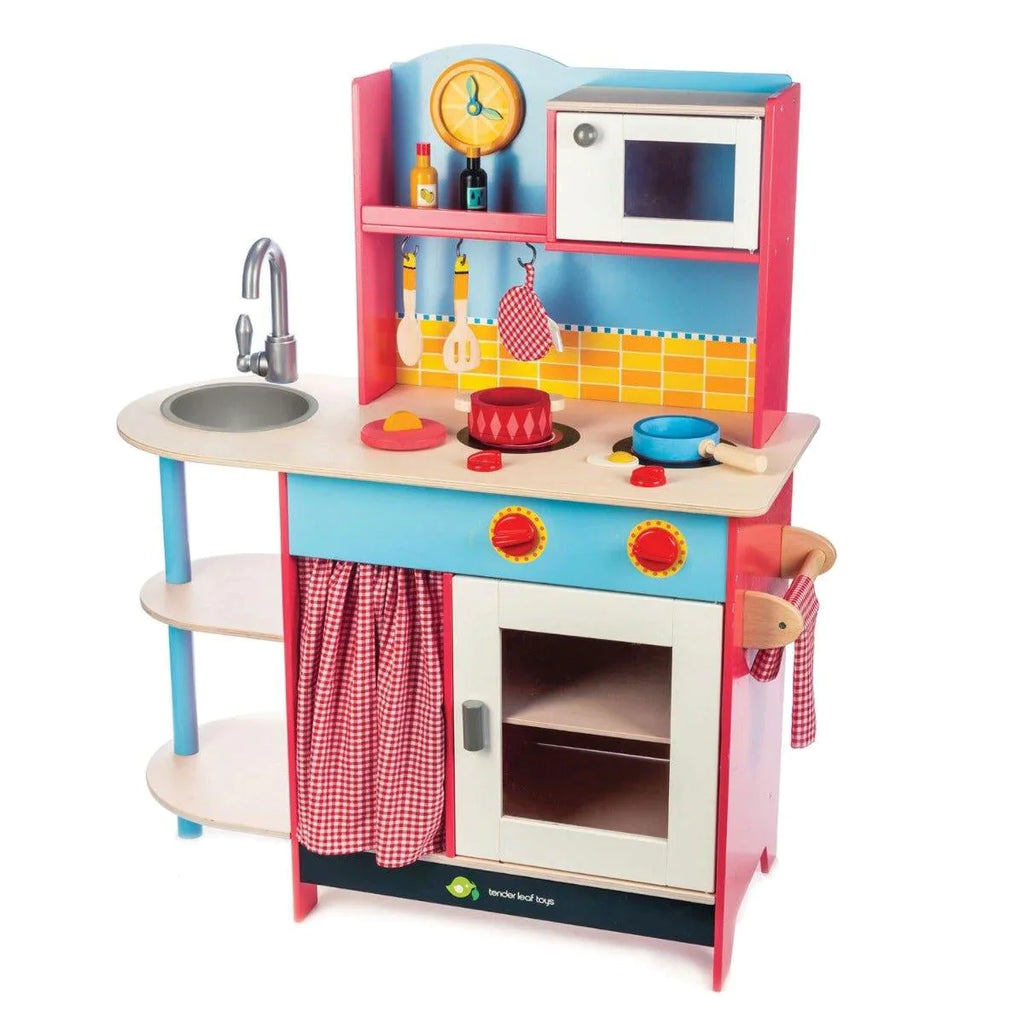 Retro Interactive Red and Blue Wooden Play Kitchen - Little Loves Kitchens Food & Kids Grocery - The Well Appointed House