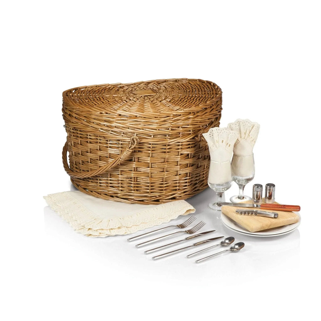 Romantic Retreat Heart Shaped Picnic Basket Set For 2 With Antique White Lining - Picnic Baskets & Accessories - The Well Appointed House