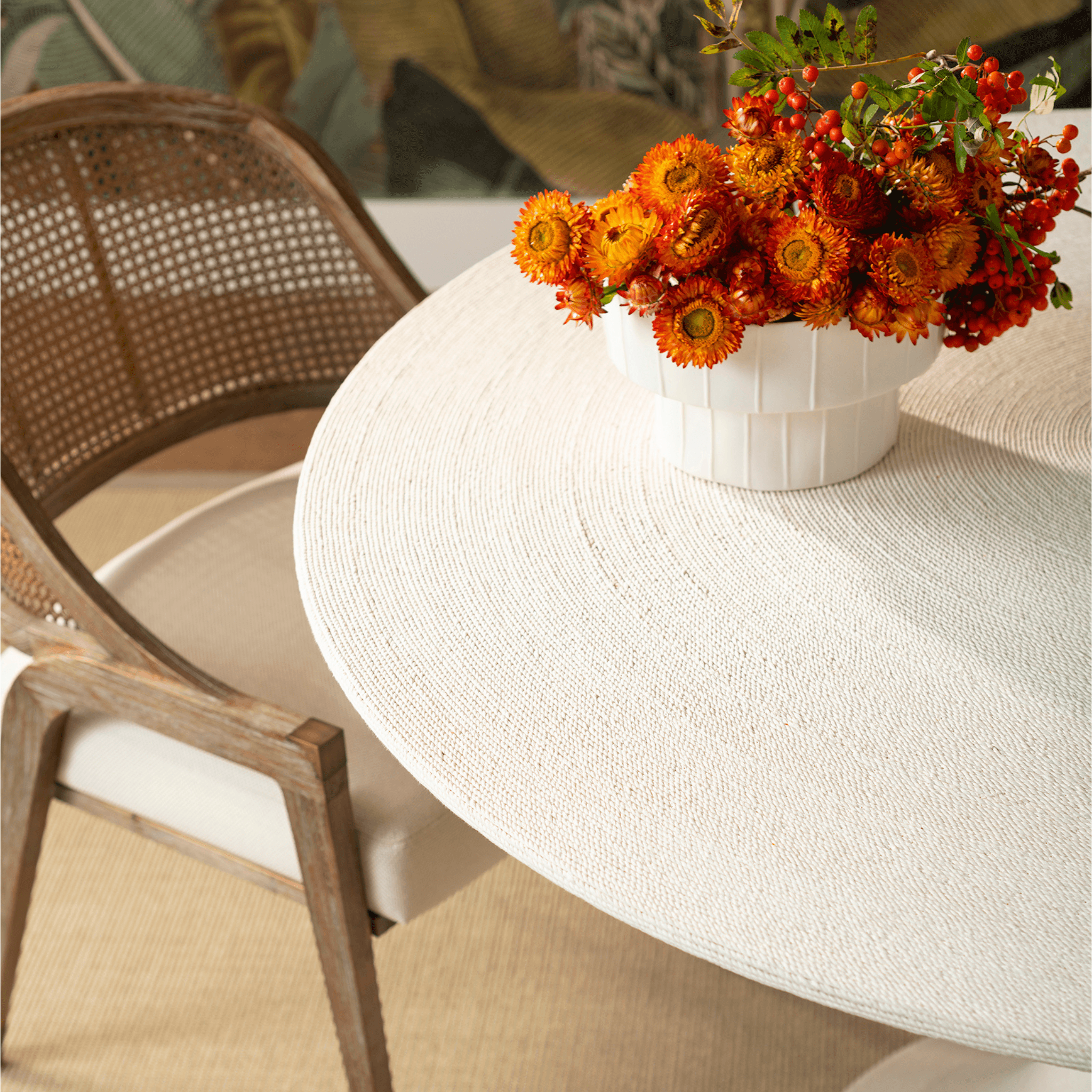 Rope Center Round Dining Table in Whitewashed Cotton White