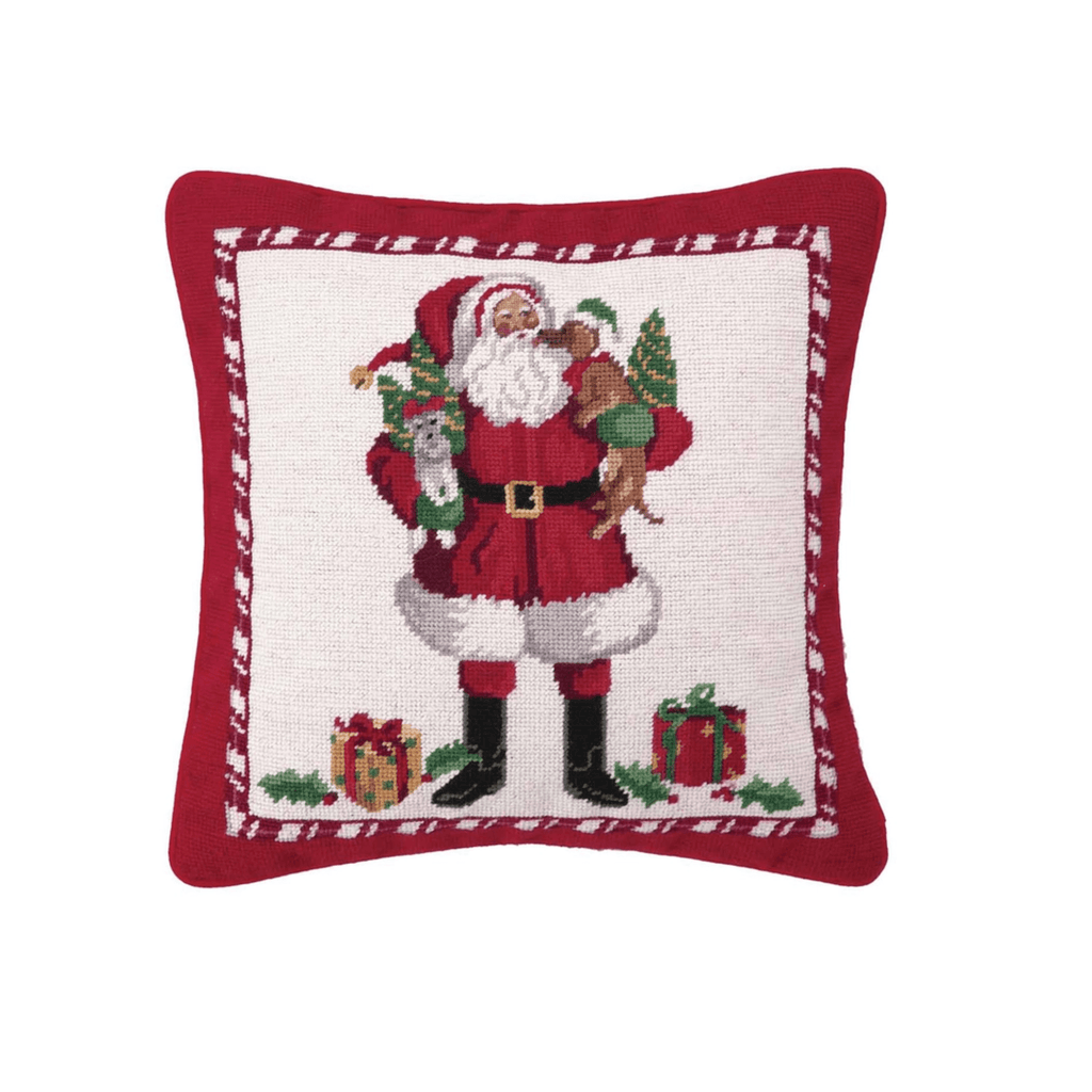 Santa and Puppies Needlepoint Throw Pillow - Christmas Pillows - The Well Appointed House