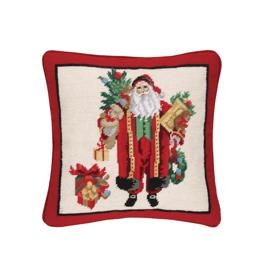 Santa and Teddy Bear Needlepoint Throw Pillow - Christmas Pillows - The Well Appointed House