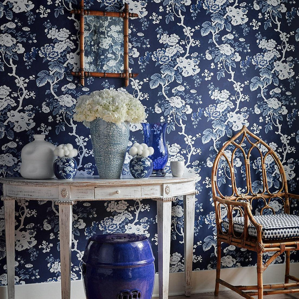 Scalamandre Ascot Floral Print Wallcovering in Indigo Blue & White - Wallpaper - The Well Appointed House
