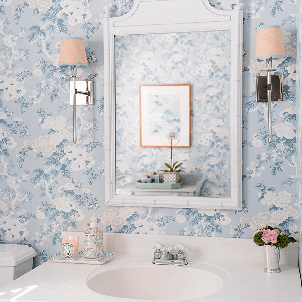 Scalamandre Ascot Floral Print Wallcovering in Sky Blue & White - Wallpaper - The Well Appointed House
