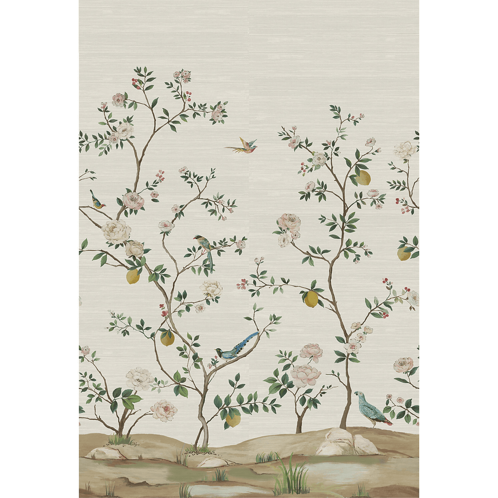 Scalamandre Blossom Chinoiserie Mural in Silver Mist on Grasscloth - Wallpaper - The Well Appointed House