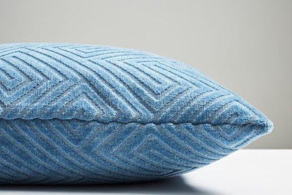 Scalamandre Meander Greek Key Outdoor Denim Blue Velvet Decorative Throw Pillow - Outdoor Pillows - The Well Appointed House