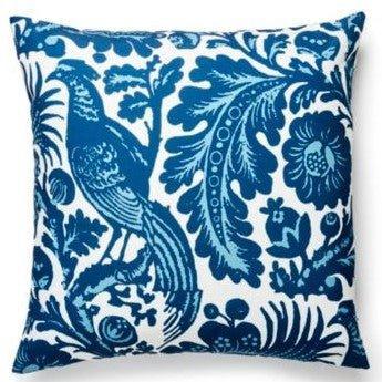Scalamandre Spoleto Aviary & Floral Blue Outdoor Decorative Throw Pillow - Outdoor Pillows - The Well Appointed House