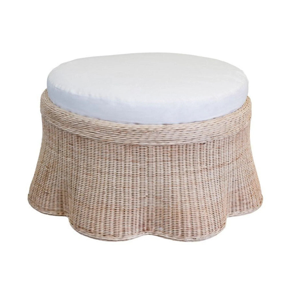 Scalloped Large Round Upholstered Wicker Ottoman - Ottomans, Benches & Stools - The Well Appointed House