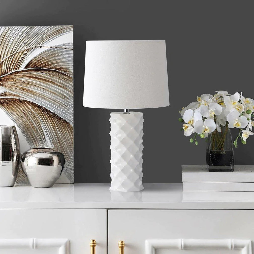 Sculpted White Ceramic Table Lamp with Cotton Shade - Table Lamps - The Well Appointed House