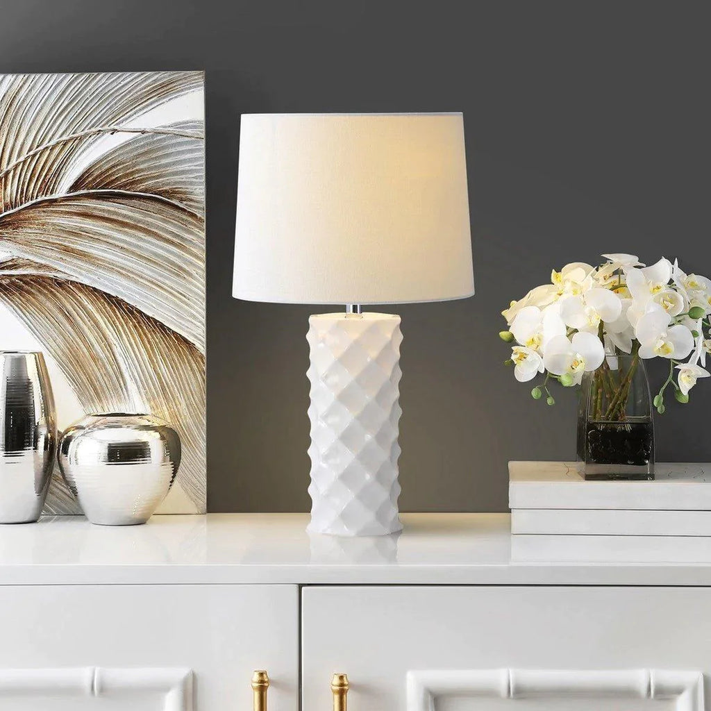 Sculpted White Ceramic Table Lamp with Cotton Shade - Table Lamps - The Well Appointed House