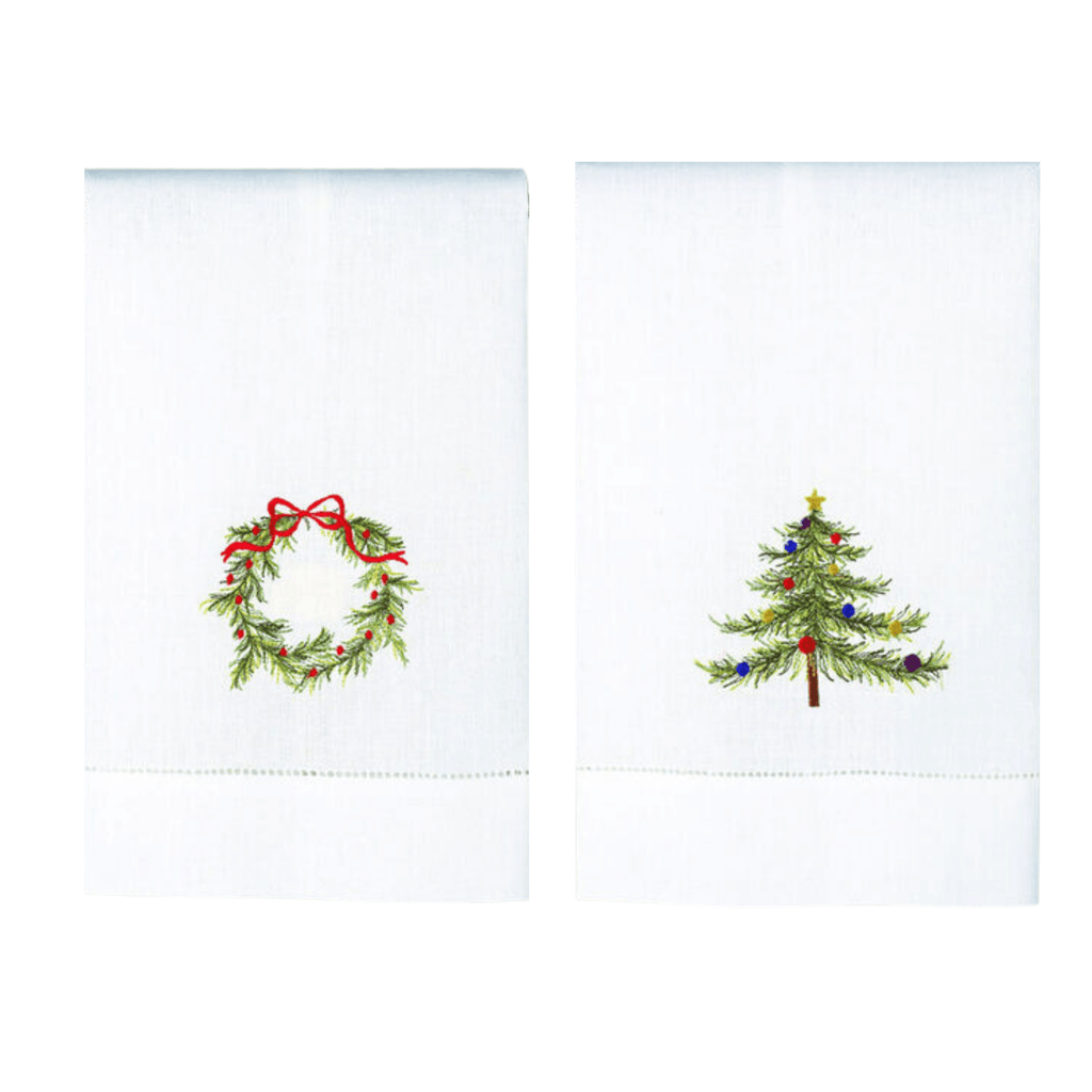 Set of 12 Christmas Tree & Wreath Embroidered Hand Towels - Christmas Hand Towels - The Well Appointed House