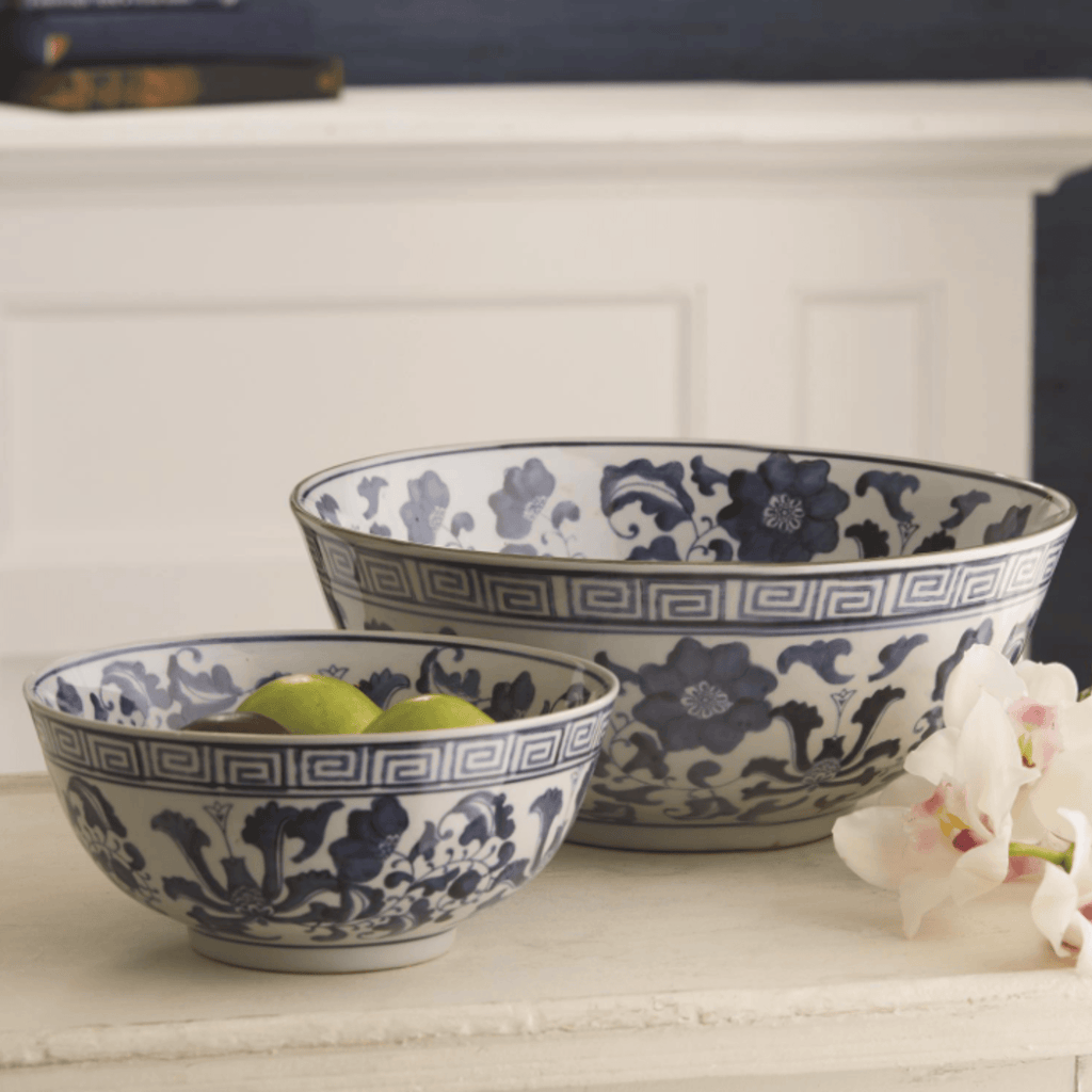 Set of 2 Blue and White Lotus Flower Lianzu Decorative Bowls - Decorative Bowls - The Well Appointed House