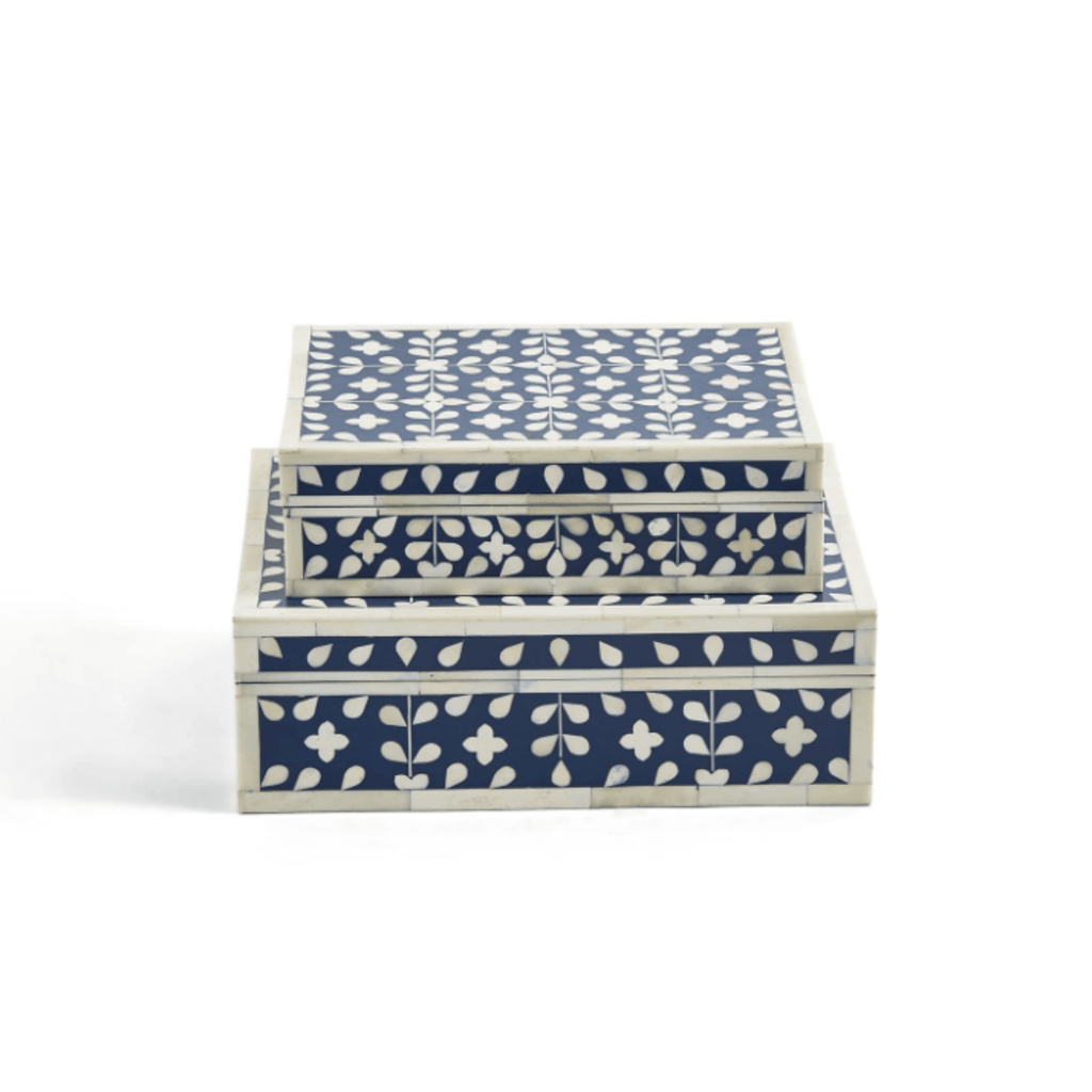 Set of 2 Flower and Petals Blue & White Tear Hinged Box - Decorative Boxes - The Well Appointed House