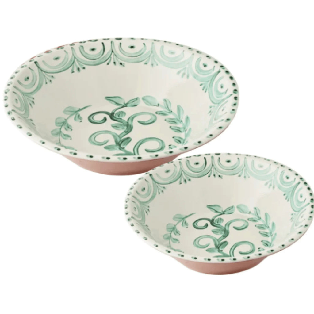 Set of 2 Hand Painted Green & White Serving Bowls - Serveware - The Well Appointed House