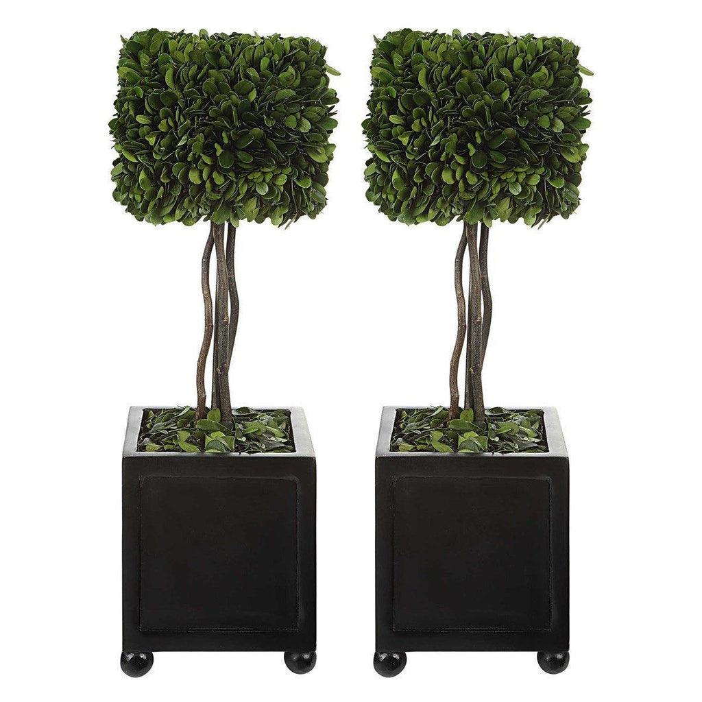Set of 2 Square Faux Boxwood Topiaries in Black Ball Footed Planters - Florals & Greenery - The Well Appointed House