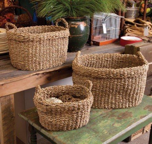 Set of 3 Oval Seagrass Baskets With Handles and Cuffs - Baskets & Bins - The Well Appointed House
