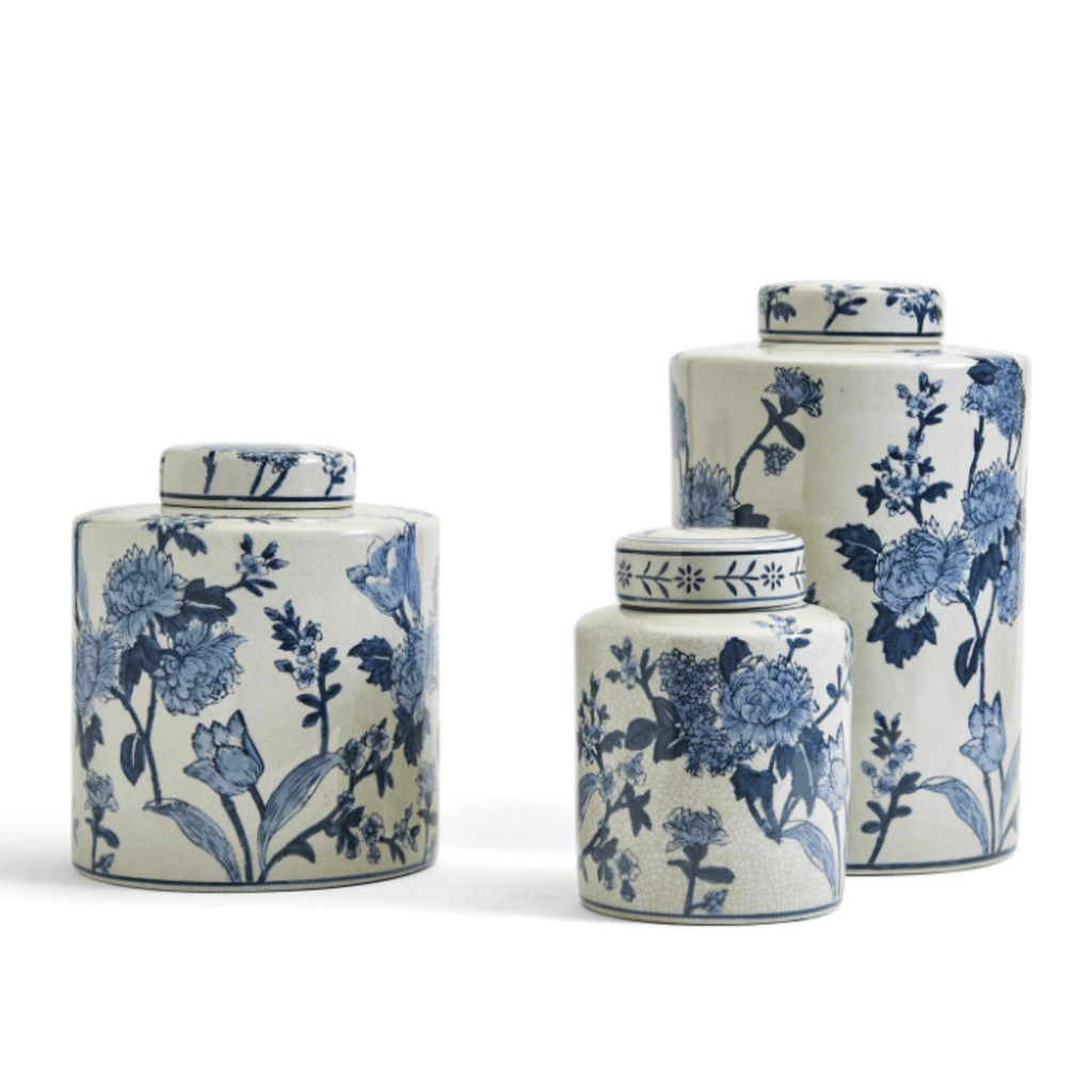 Set of 3 Porcelain Blue and White Japanese Blossom Tea Jars With Crackle Finish - Vases & Jars - The Well Appointed House