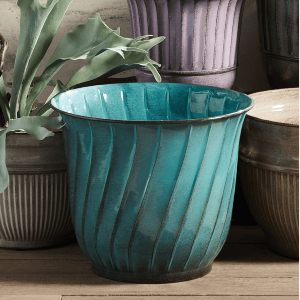 Set of 3 Teal Glazed Metal Curvy Leilani Flower Pots - Outdoor Planters - The Well Appointed House