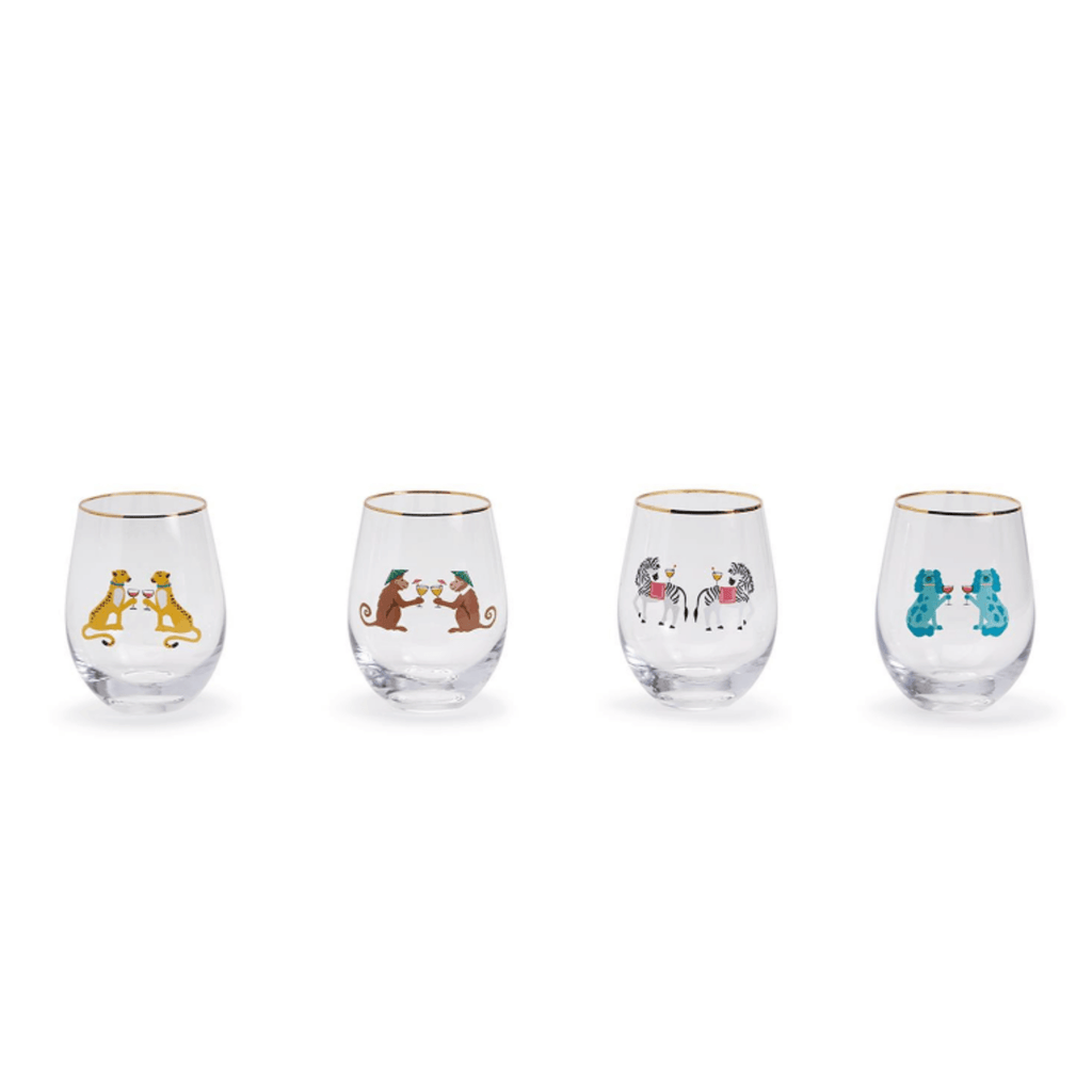 Set of 4 Animal Party Stemless Wine Glasses - Drinkware - The Well Appointed House