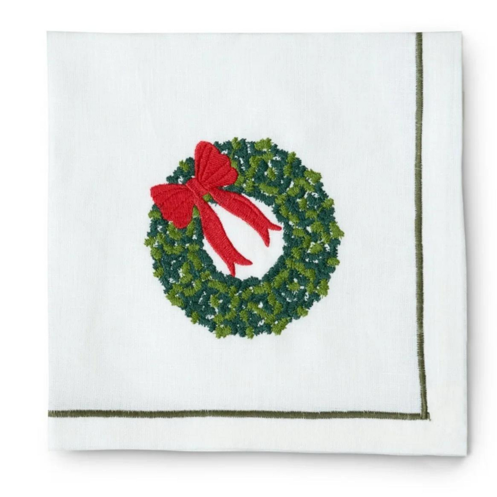 Set of 4 Christmas Wreath Embroidered Napkins - The Well Appointed House 