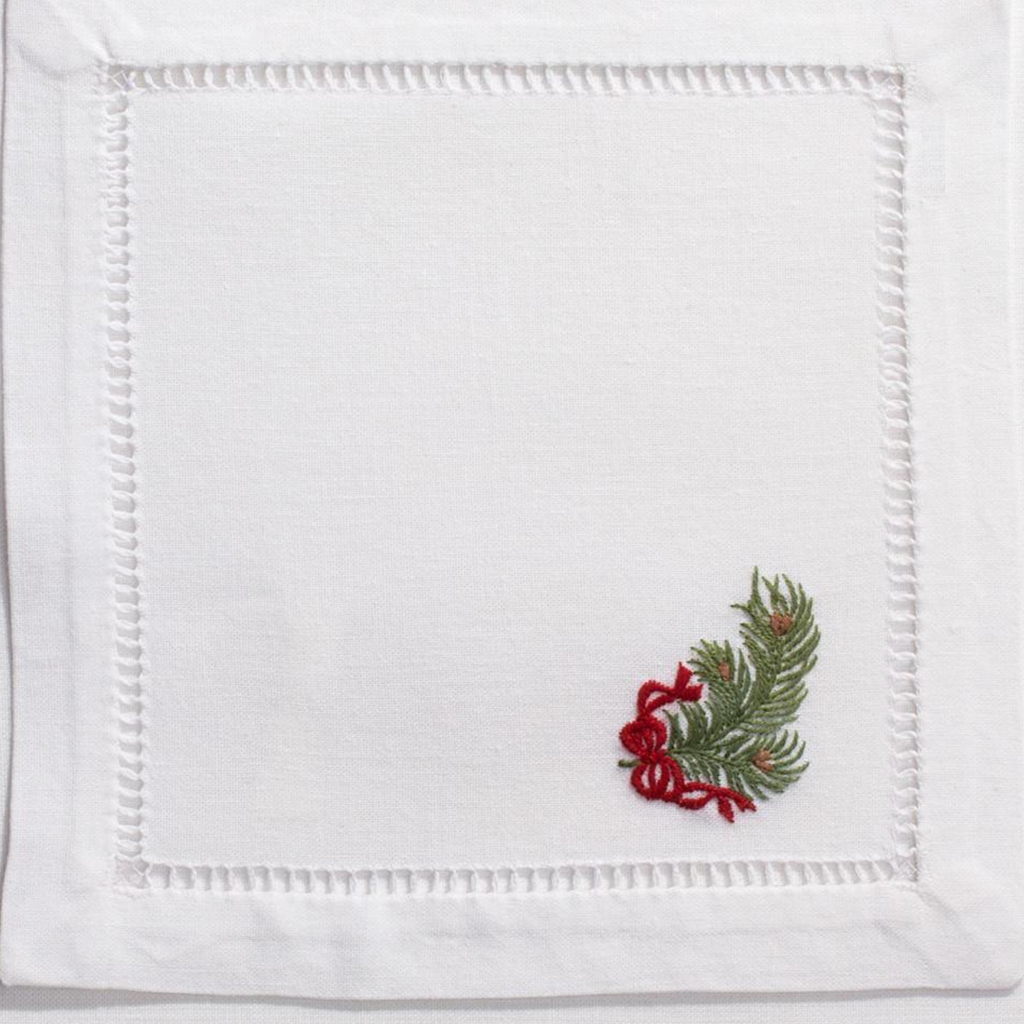 Set of 4 Pine Bough Ribbon Christmas Cocktail Napkins  -  The Well Appointed House