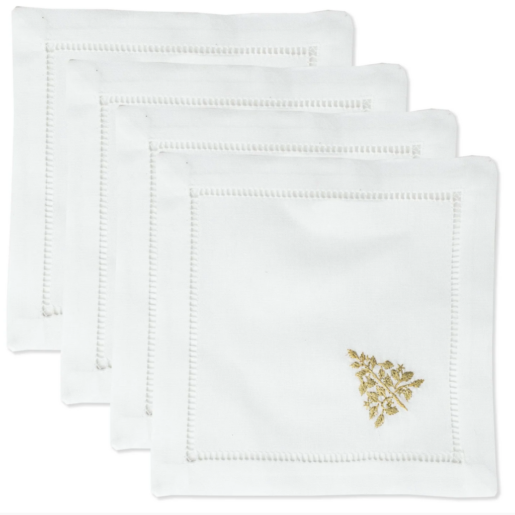 Set of 4 White Cotton Mod Tree Gold Christmas Cocktail Napkins - Cocktail Napkins -  The Well Appointed House