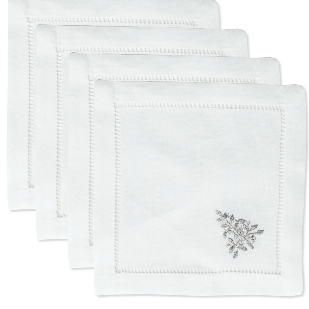 Set of 4 White Cotton Mod Tree Silver Christmas Cocktail Napkins - Cocktail Napkins -  The Well Appointed House