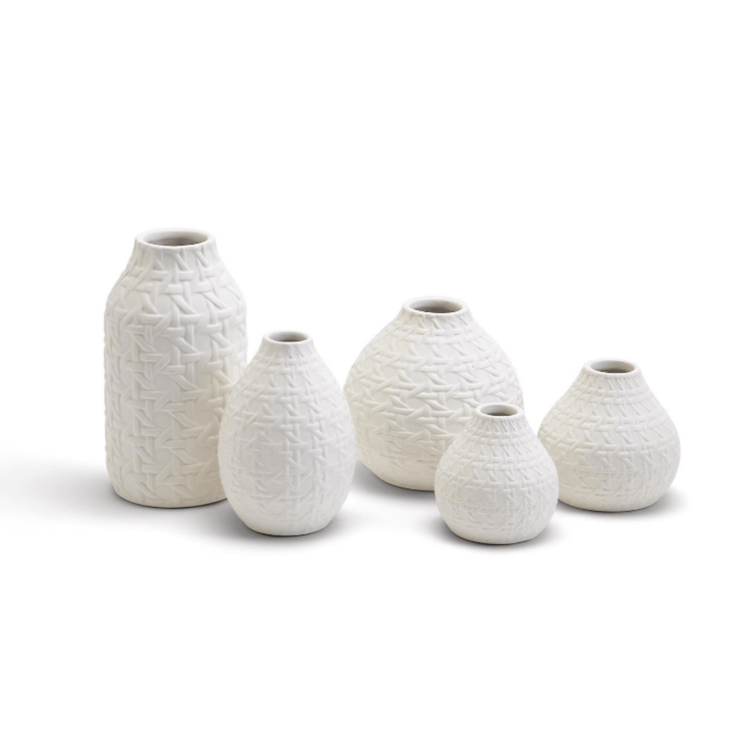 Set of 5 White Ceramic Embossed Cane Webbing Pattern Vases - Vases & Jars - The Well Appointed House